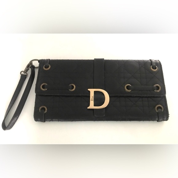 Christian Dior Cannage Vintage Wristlet Clutch Wallet  Black Leather (AUTHENTIC) - Picture 1 of 12